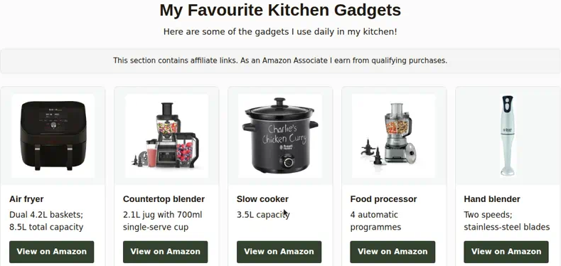 My Favourite Kitchen Gadgets homepage block with five product cards and View on Amazon buttons