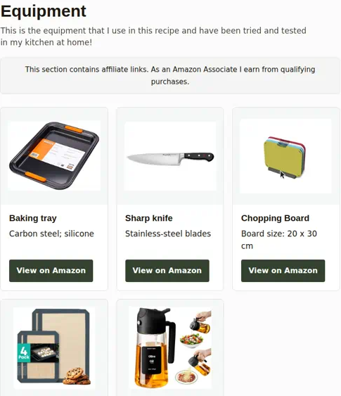 Recipe Equipment photo cards showing baking tray, knife, chopping board, liner, and oil sprayer