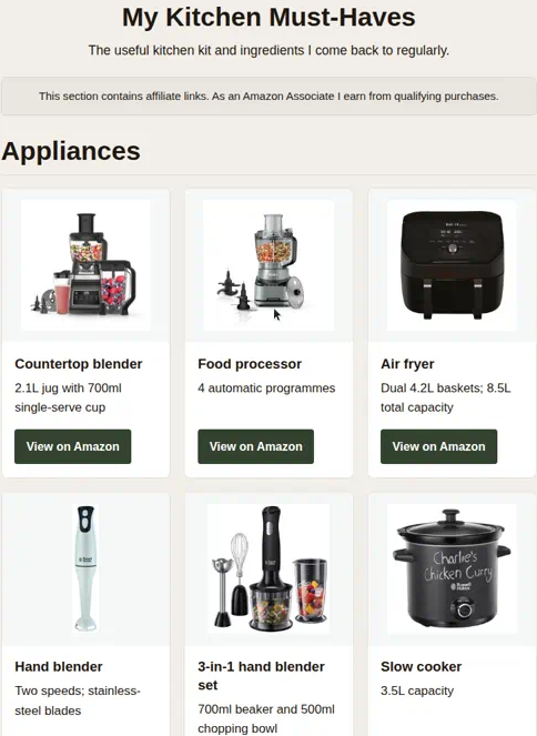 My Kitchen Must-Haves shop page with an Appliances grid of affiliate product cards