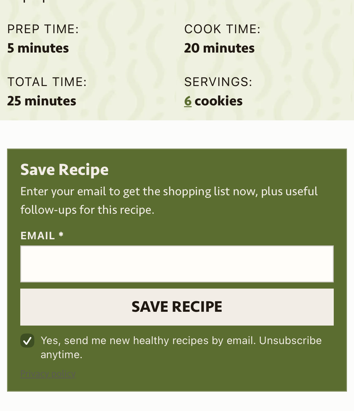 Save Recipe panel under recipe times, with an email field and a cream Save Recipe button