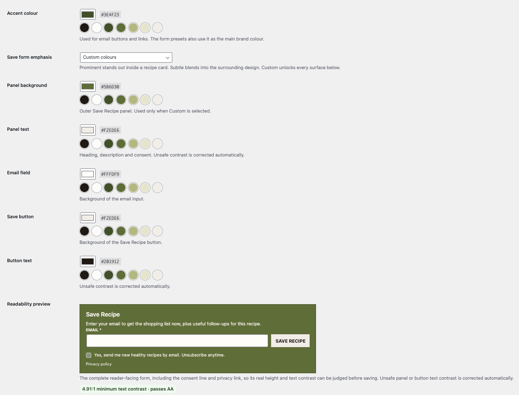 Recipe Return Save form colours settings with olive panel presets and a readability preview