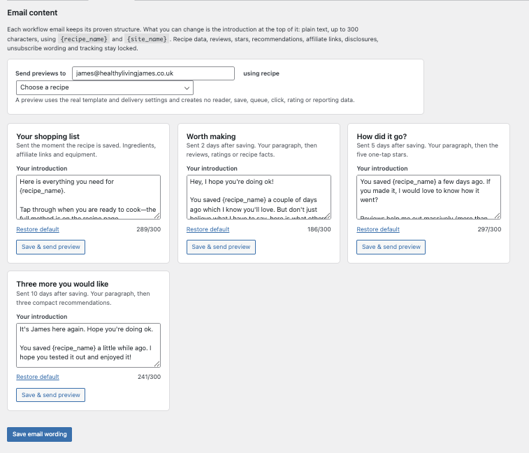 Recipe Return Email content screen with the four-send cards and custom introductions