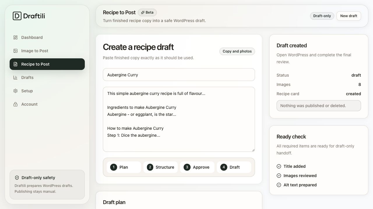 Recipe to Post screen in Draftili