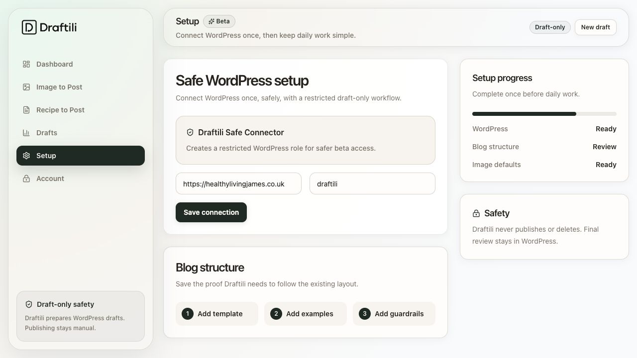 Draftili setup screen showing safe WordPress connection and blog structure